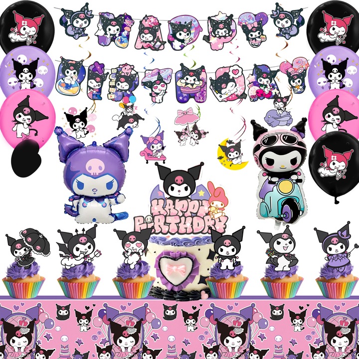 Комплект аксесоари за парти Kuromi, InBoxxarty, декорации за парти Kuromi, 33 части