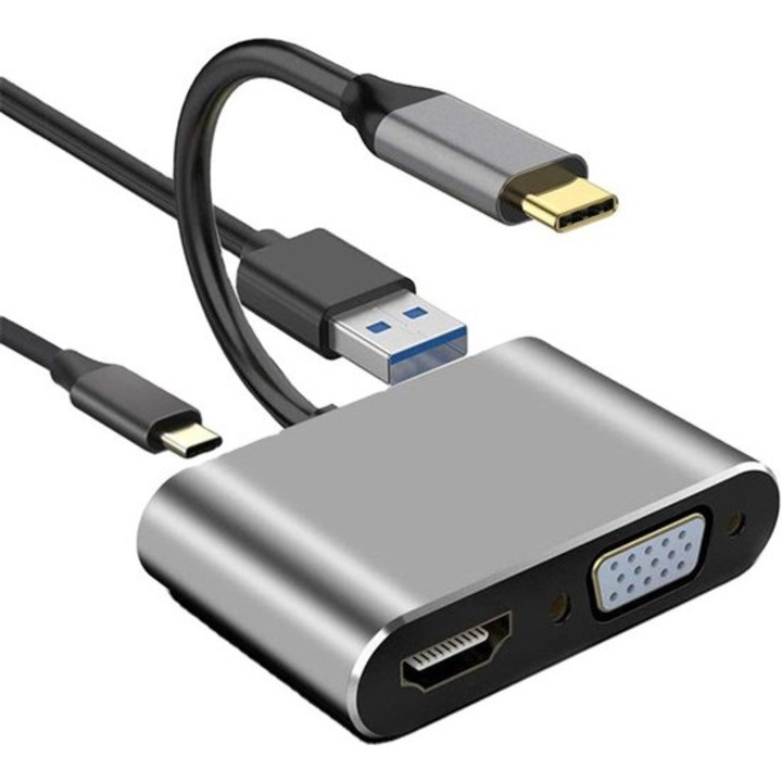 Hub 4 az 1-ben Type-C, HDMI + VGA + USB 3.0, 4K@30Hz