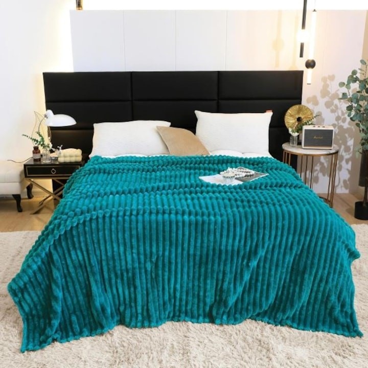 Patura cocolino cu dungi, 200x230cm, Verde Turcoaz