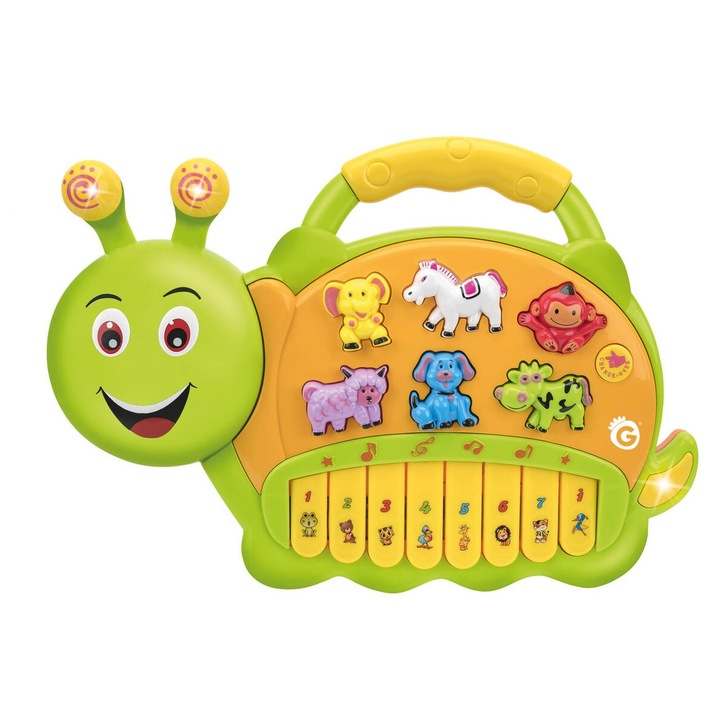Jucărie interactivă bebeluși, GLOBO, omidă muzicală, taste pian, sunete animale, multicolor, 10 luni+