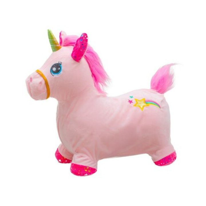 Jucărie gonflabilă de pluș Baby Mix, Unicorn roz, husă detasabilă, cu pompa inclusă, 47x58x26cm