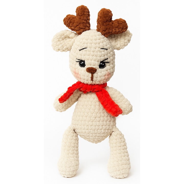 Ren crosetat manual (amigurumi), jucarie moale cu esarfa rosie, decor & cadou de Craciun, ~25–30 cm