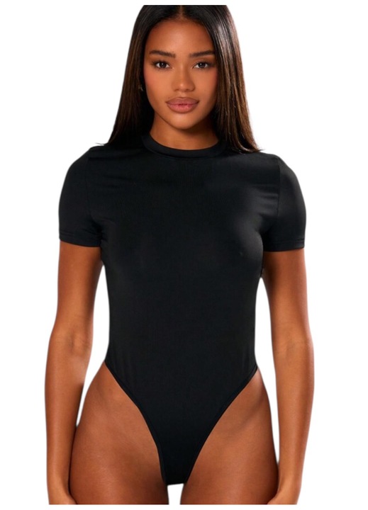 Елегантно дамско боди, черно, с къс ръкав, сатенен вид, S