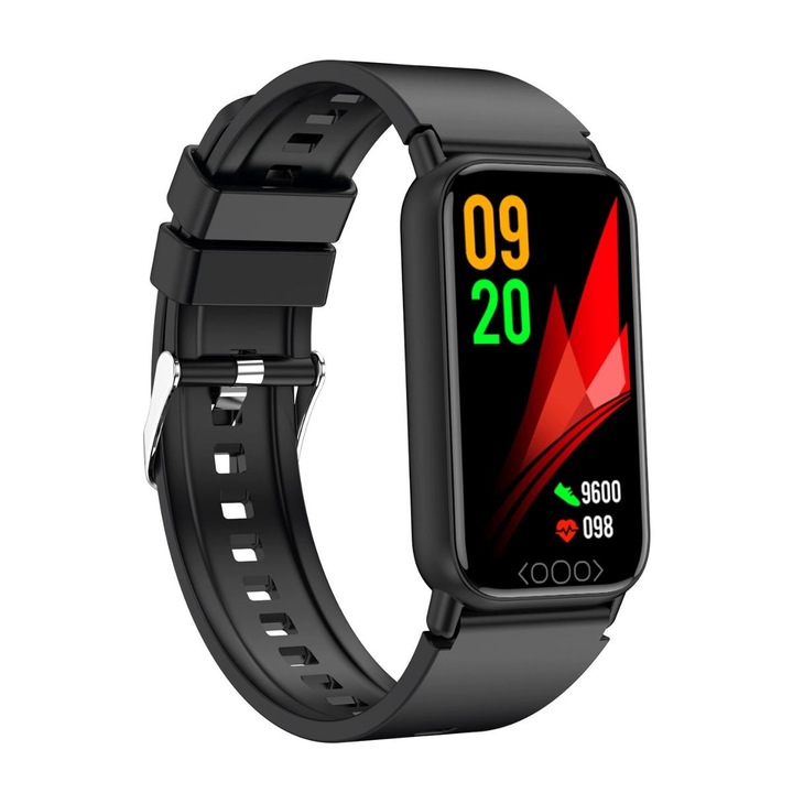 Ceas Smartwatch tip bratara, masurare glicemie, acid uric, lipide si oxigen din sange, ciclu somn, ritm cardiac, temperatura, functie fitness, impermeabil, IP68, negru