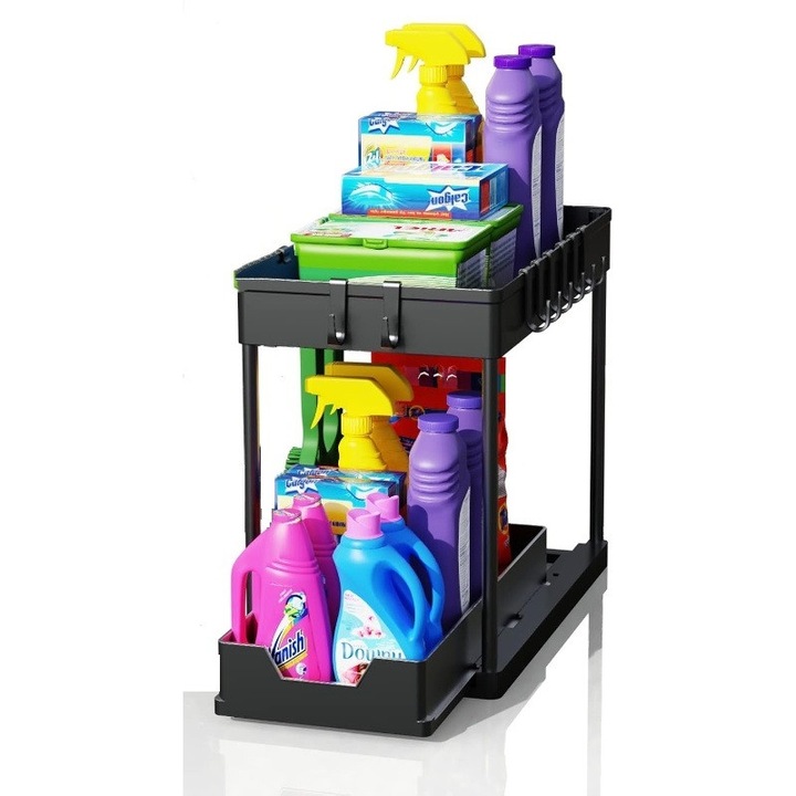 Kihúzható tároló állvány 40.5cm - Rozsdamentes szénacél KuviKoo™, 5 kampó, magas perem - Rendszerező konyhába, fürdőszobába, erkélyre - Üreges vízálló kialakítás, tartós ABS, könnyen összeszerelhető