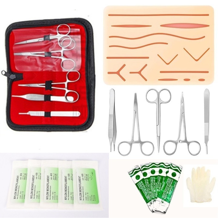 KuviKoo™ Set Antrenament Sutura - Kit 17 piese: suport silicon 12x17cm, 5 instrumente otel inoxidabil, 5 lame, 5 fire sutura, manusi. Ideal pentru studenti la medicina. Set profesional pentru exersarea tehnicilor de sutura chirurgicala