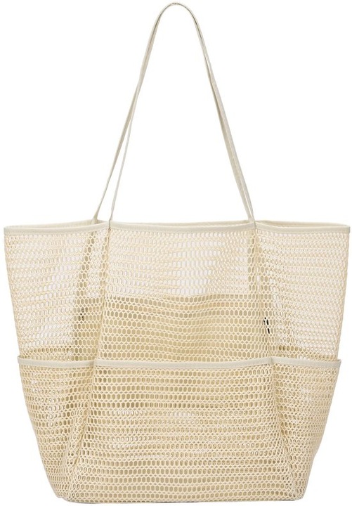 Geanta tote din plasa textila, cu buzunar interior cu fermoar si 4 buzunare exterioare, bej, 36 x 17 x 39 cm
