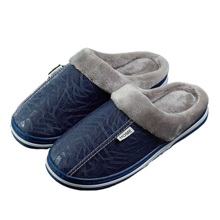 Домашни чехли, Есен-зима, PVC подметка против приплъзване, мека подплата, PU обувки, за мъже и жени, Син