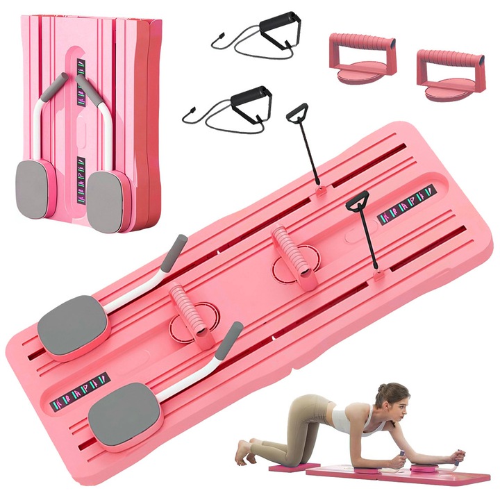 Placa multifunctionala pentru exercitii Artnico, set cu benzi elastice, roz, 100kg