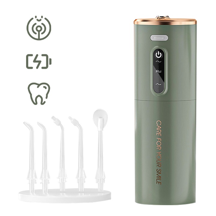 AjieQaQ vezeték nélküli elektromos szájzuhany, 5 fejjel, 3 üzemmóddal, zöld, 280 ml-es tartály