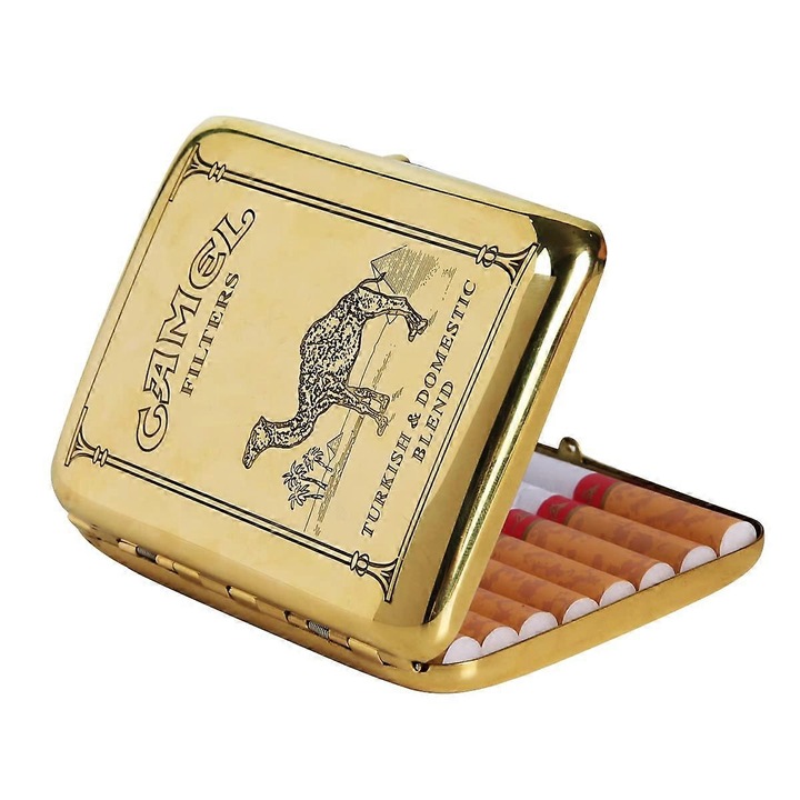 Tabachera metalica vintage, capacitate 16 tigari, culoare aurie, dimensiuni 9,5x7cm