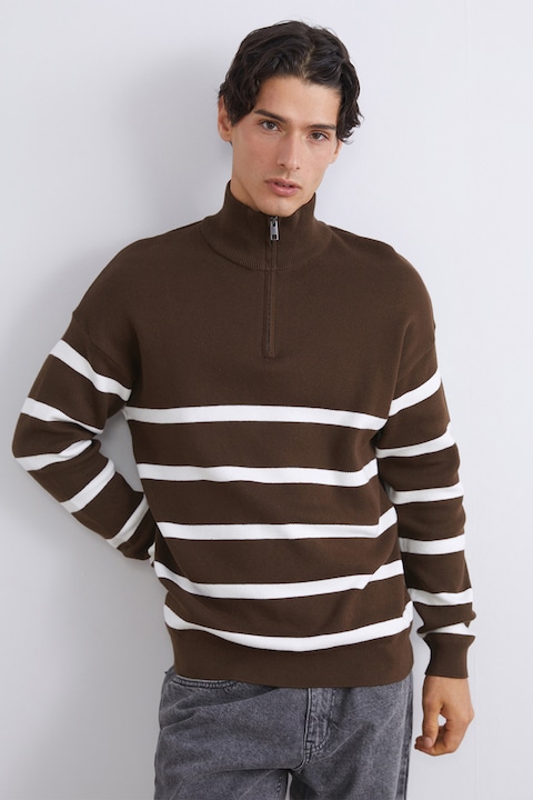 LC WAIKIKI, Pulover de bumbac cu fermoar scurt, Alb/Maro inchis