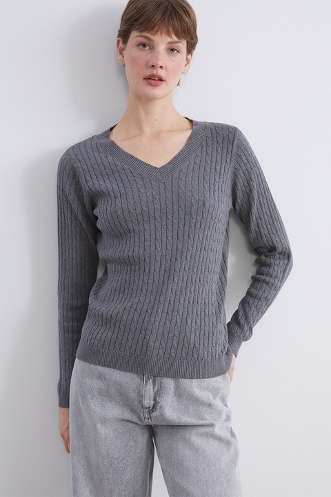 LC WAIKIKI, Pulover slim fit cu decolteu in V, Gri