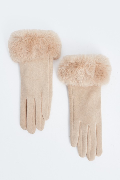 LC WAIKIKI, Manusi uni cu garnitura de blana sintetica, Maro taupe deschis, 16-17 cm