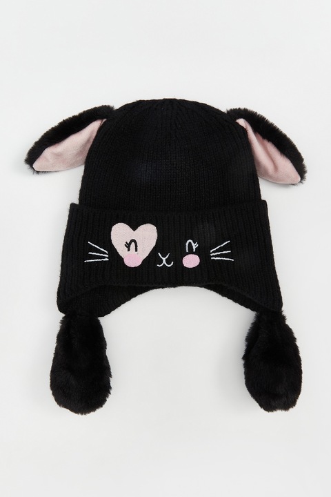 LC WAIKIKI, Caciula striata cu urechi aplicate, 50-52 CM, Negru/Roz pal