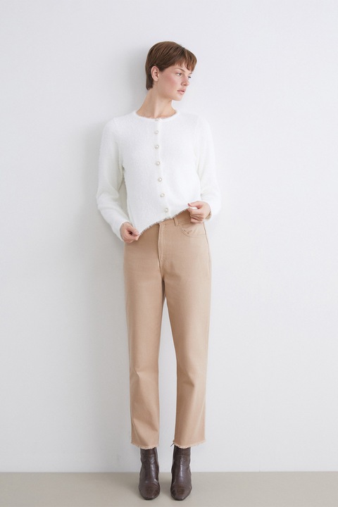 LC WAIKIKI, Cardigan pufos cu nasturi tip bijuterie, Alb optic