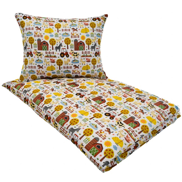 Set De Lenjerie De Pat Pentru Copii, Somn Adanc, 100 x 160 cm, 40 x 60 cm, Model Ferma Vesela, Fabricat Din 100% Bumbac, Certificat Oeko Tex Standard 100, Inchidere Cu Fermoar, Multicolor