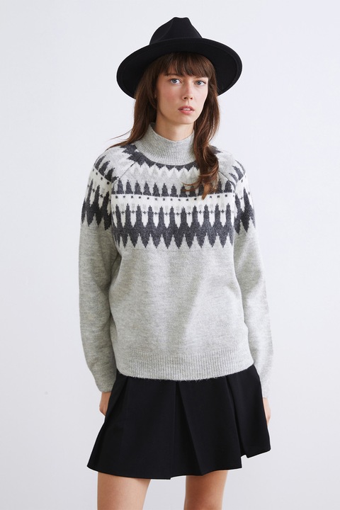 LC WAIKIKI, Pulover cu guler scurt si model, Gri deschis melange/Gri antracit