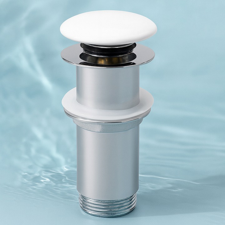 Ventil fara preaplin, capac ceramic, sistem Push Up, otel, Alb/Crom, Nova