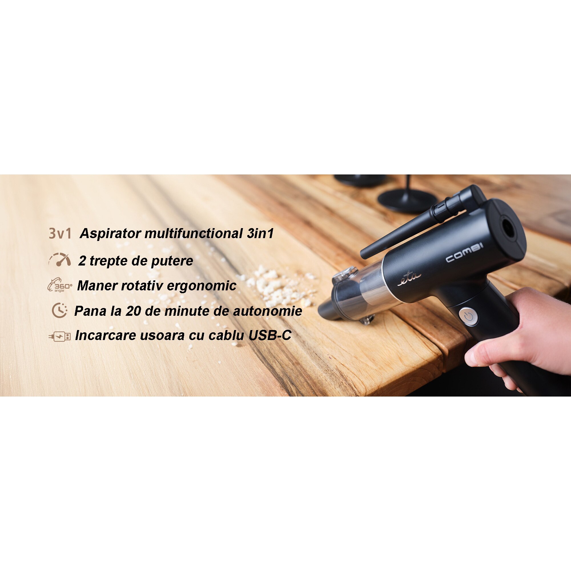 Aspirator de mână ETA Combi 0426 90000, motor BLDC 110 W, negru, acumulator Li-Ion 10.8 V, set accesorii inclus