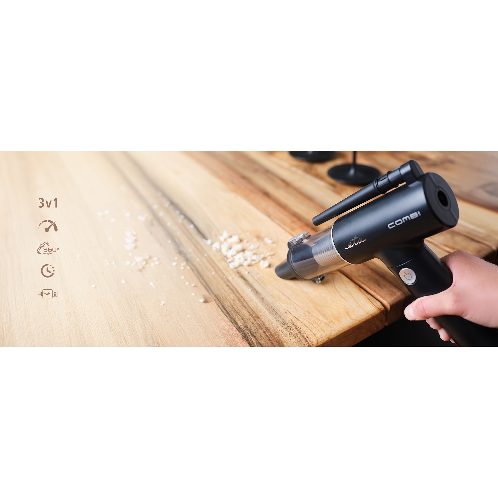 Aspirator de mână ETA Combi 0426 90000, motor BLDC 110 W, negru, acumulator Li-Ion 10.8 V, set accesorii inclus