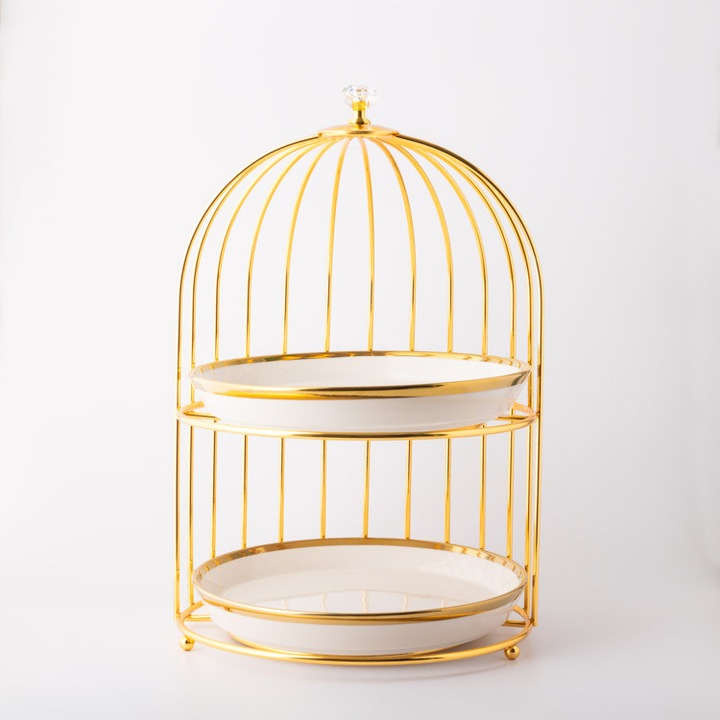 Cake stand Malooki forma de cusca alb auriu pe 2 etaje, 33 cm