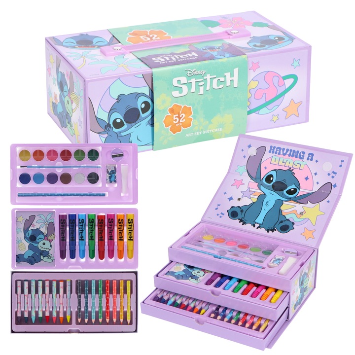 Set de desen Lilo & Stitch, 52 piese, cu sertar, acuarele, creioane si markere pentru copii