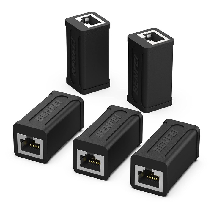 Set 5 Adaptoare RJ45 Mama-Mama, Benfei, Negru, UTP/FTP, Gigabit LAN