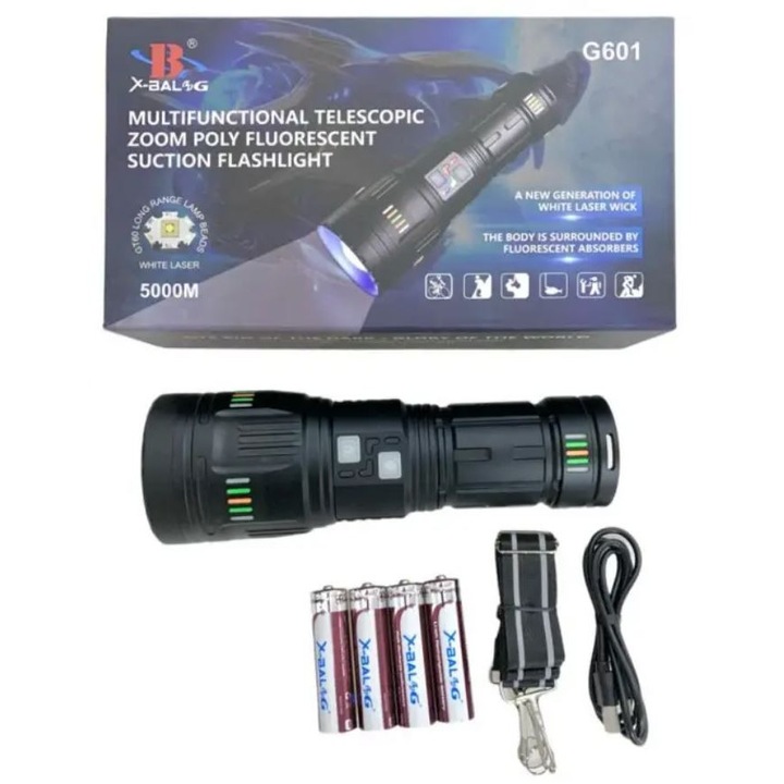 Фенер X-Balog G600+, 60000LM, водоустойчив, с функция Power Bank, 28x6см, включително 4 батерии 18650