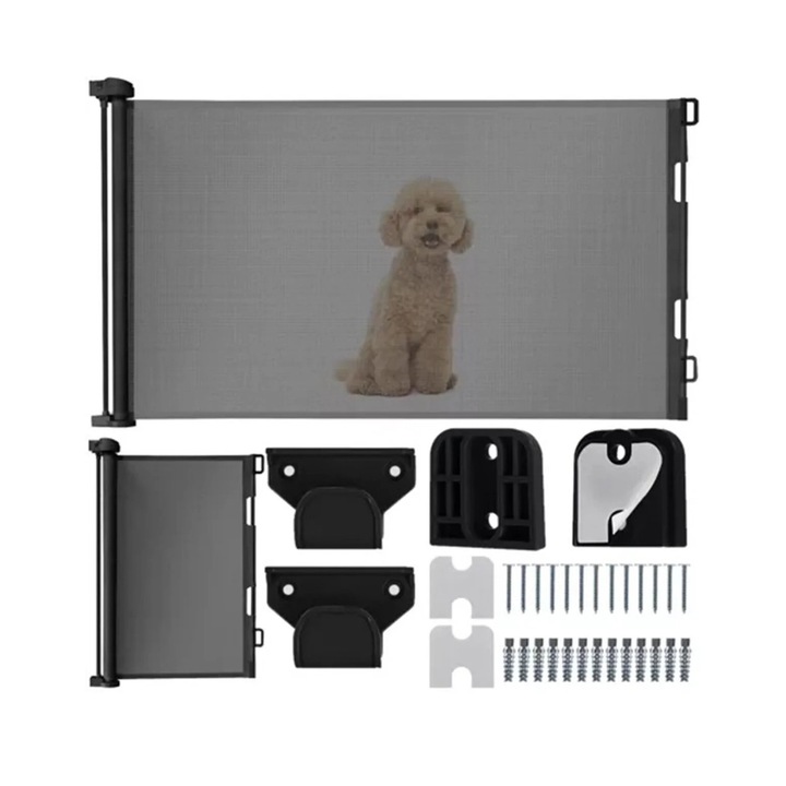 Ruhhy visszahúzható biztonsági kapu, 160 cm-ig kihúzható, modern design, fekete, PVC és alumínium anyag