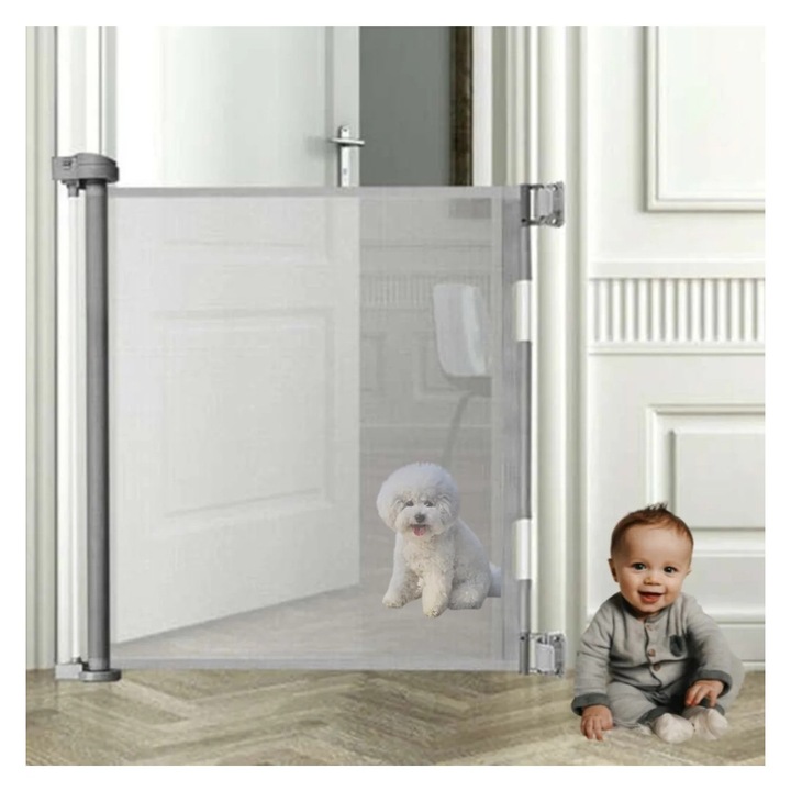 Ruhhy visszahúzható biztonsági kapu, kihúzható háló 160 cm, modern szürke design, gyerekeknek és háziállatoknak