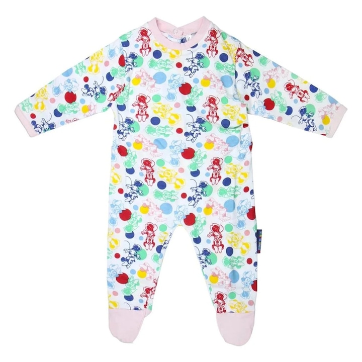 Minnie Mouse Disney licencelt babalábos rugdalózó, 100% pamut, hosszú ujjú, többszínű, babapizsama, kényelmes, vidám mintával, ideális alváshoz és játékhoz, Többszínű