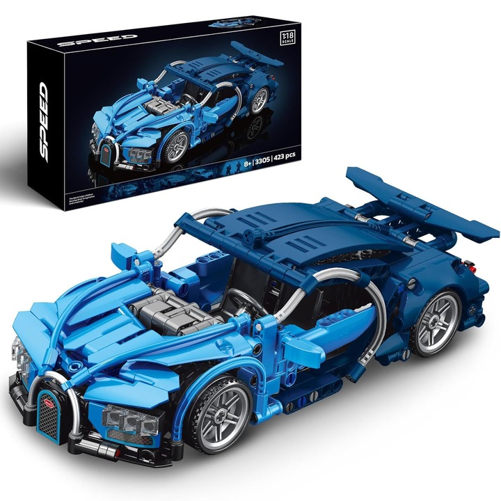 Set de blocuri de constructie masina sport, Bedee®, Tehnic Detalii Realiste, Scara 1:18, 8 ani+, 8.1x12.1x 27.7 cm, 473 piese, Albastru