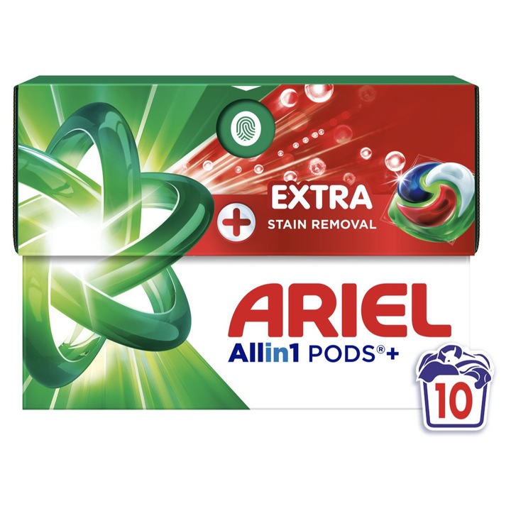 Прилен препарат на капсули, ARIEL All in One Pods + Extra Stain Removal, автоматично пране, 10бр