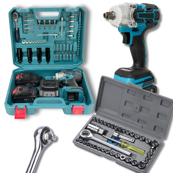 Pistol Insurubat Impact, valiza de transport, 2 x acumulatori de 48V, 40 accesorii albastru, LuckyLu® si trusa de chei tubulare cu clichet portatil, 40 piese