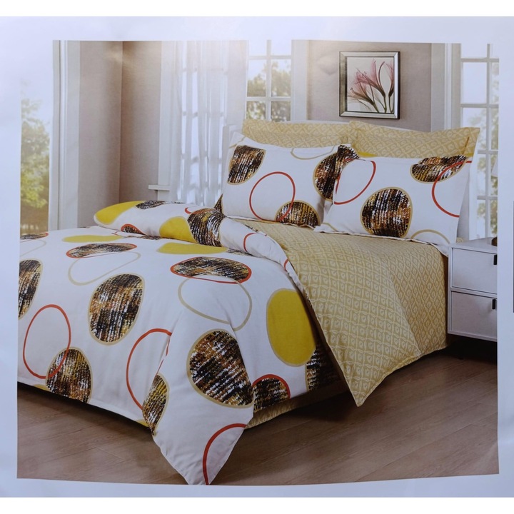 Lenjerie de pat cu elastic Pucioasa, set 6 piese, 2 persoane, Rings, 230x250cm