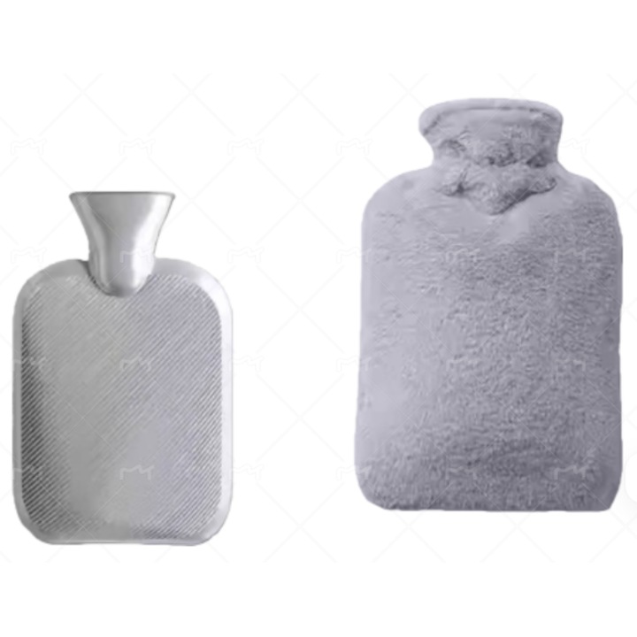 Бутилка с топла вода, нагревател за тяло, поддържа топлина до 8 часа, максимална температура 60 °C, лека, миеща се, вместимост 1000 мл, с фланелен калъф – сива