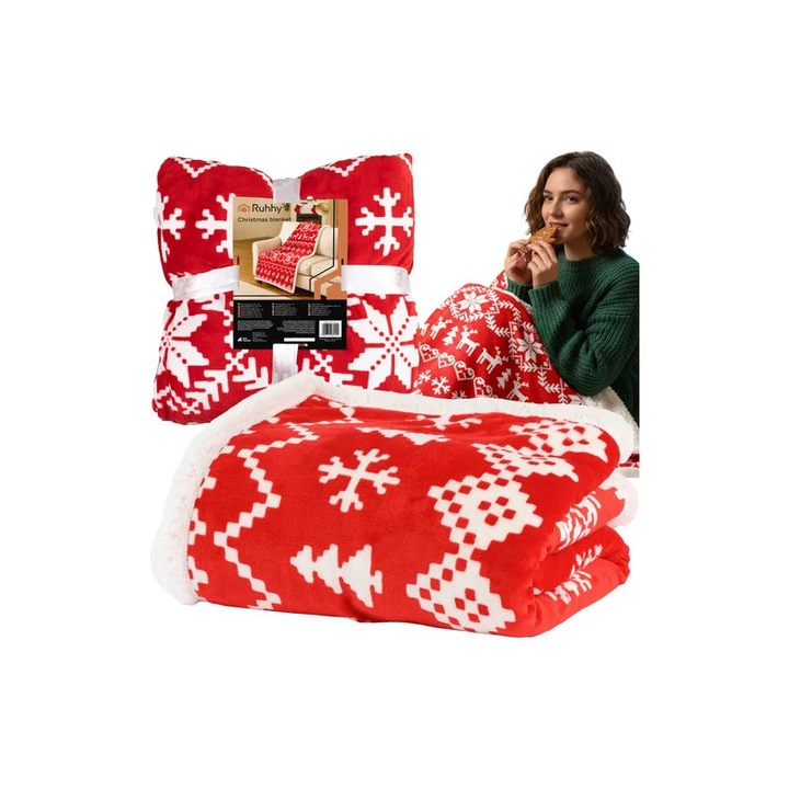 Patura cu motive de Craciun, alb rosu, 130 x 170 cm