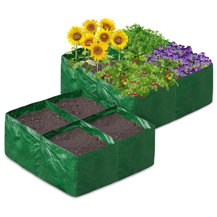Set 2 Saci de Plantat Patrati, cu 4 Compartimente, Esther Beauty®, Saci Durabili din PE pentru Legume, Rosii, Cartofi, Flori 60x60x25cm, Verde