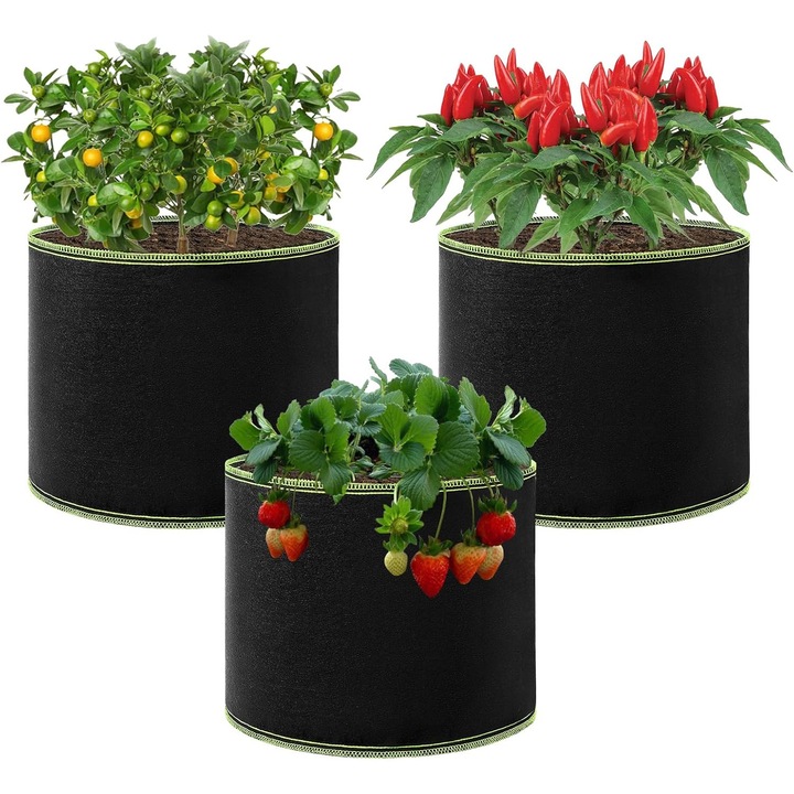 Sac pentru cultivarea legumelor cu maner, set 3 saci reutilizabili 19 l pentru rosii, legume, flori, material respirabil cu drenaj, negru