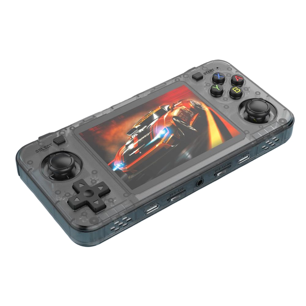 Consola R36H portabila retro Bluvista®, microSD 64GB, 15000 jocuri, ArkOS 2.0, IPS LCD 3.5" 640x480, CPU RK3326, GPU MALI-G31MP2, 1GB DDR3L, Emulator N64 PSP PS1 PlayStation Sega, Negru Transparent