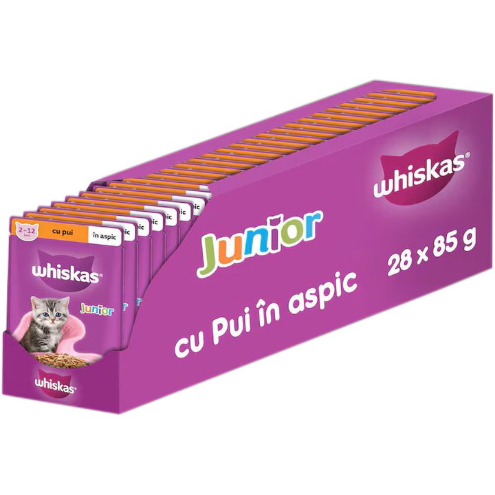 Hrana umeda pentru pisici Whiskas Junior, Pui in sos, 28 x 85g