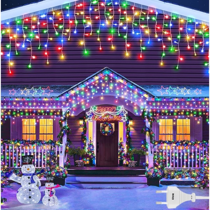 Instalație De Crăciun EDAR Turturi, 15m, 300 Led-uri, Multicolor, Interconectabil, Rezistent la Ploaie și Zăpadă