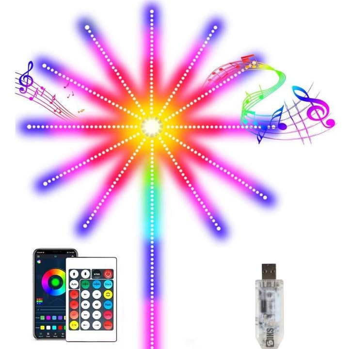 Banda Led Smart SIKS Pentru Perete, Efect Artificii, Decorare Perete Model Fireworks, Control Telefon Prin Wi-fi Si Telecomanda, Inaltime 1 M, Sincronizare Muzica, Control Vocal, Multicolora