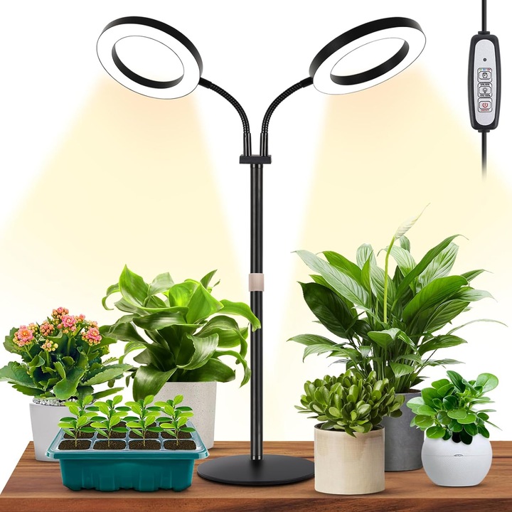 Lampa pentru Cresterea Plantelor de Interior, Capul dublu, spectrum complet, 144 de LED,12W,10 luminozitati reglabile, Inaltime Reglabila 42-57CM, Rotire 360°, Timer automat