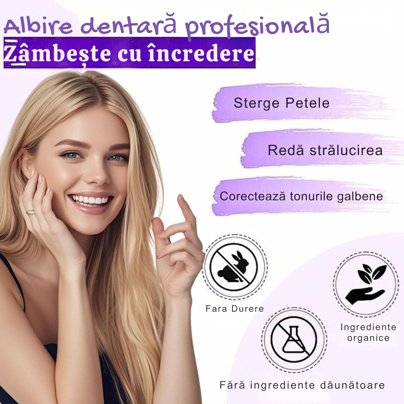 PACHET COMPLET ALBIRE DINTI - Benzi Albire dinti + pasta mov cadou - imagine 5