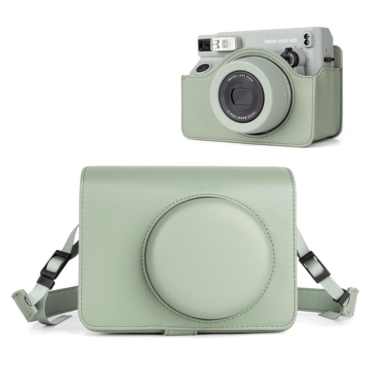 Védőtok Fujifilm Instax WIDE 400-hoz, zöld, műbőr, nyakpánt
