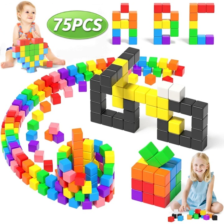 Set 75 piese Blocuri de constructii magnetice, Tressino, Jucarii educationale pentru copii, Culori variate, 2cm, Compatibil 3D, Dezvolta creativitatea, Magnetism puternic, Material sigur, Ideal pentru educatie STEM si jocuri interactive