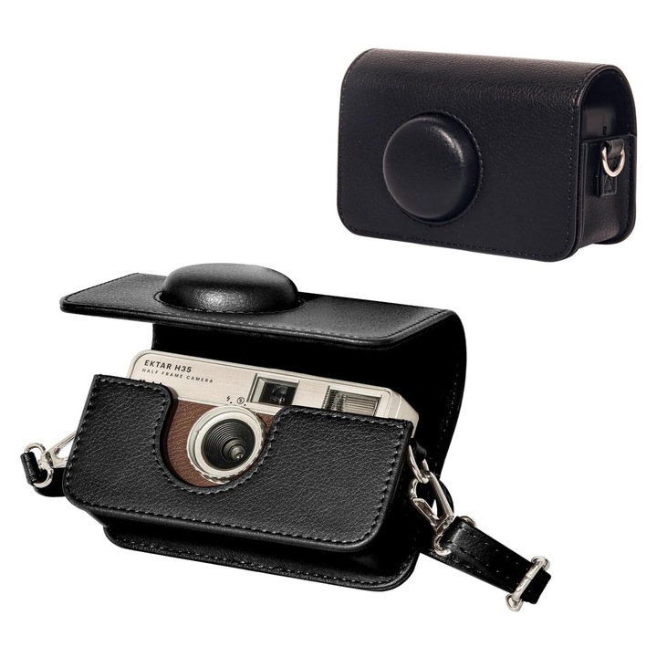 Husa de protectie EtuiTab pentru camera KODAK EKTAR, neagra, din piele ecologica, cu curea pentru gat