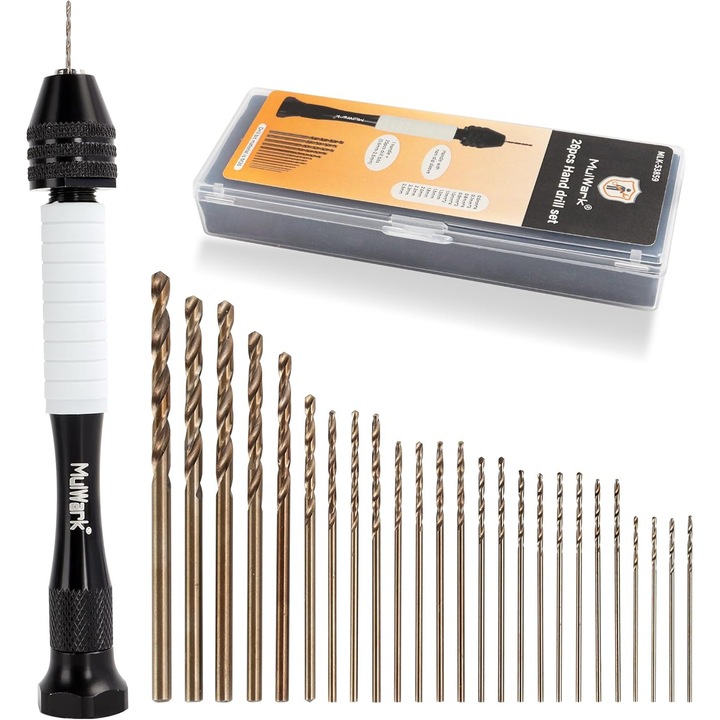 MulWark Precision Pin Vise – Set mini de gaurit, 25 piese, cu burghie HSS micro pentru bijuterii, lemn, plastic si altele